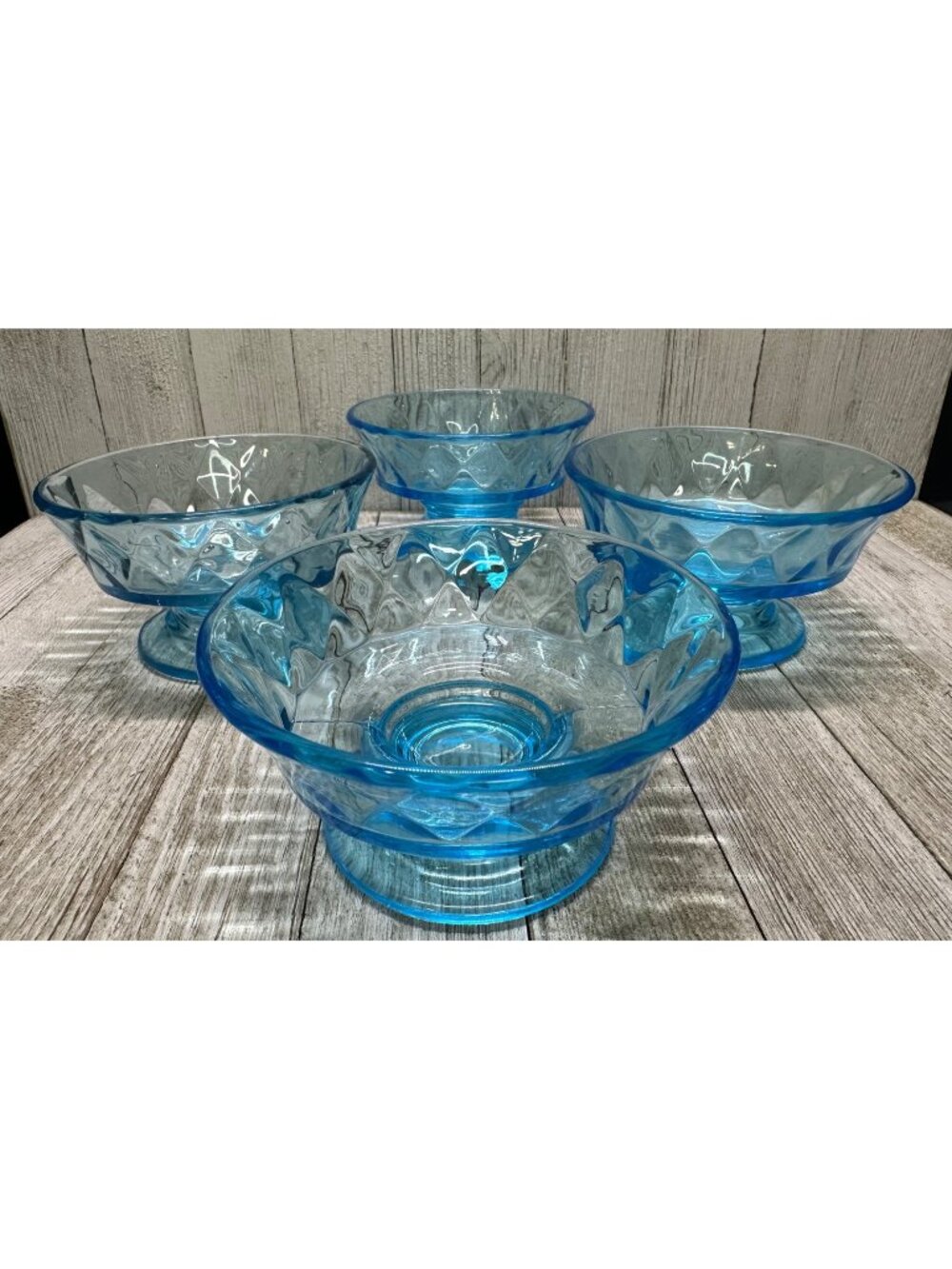 Vtg Pedestal Dessert Bowls DIA Bryce Style Diamond Pattern Aqua Blue 4.5" Set 4